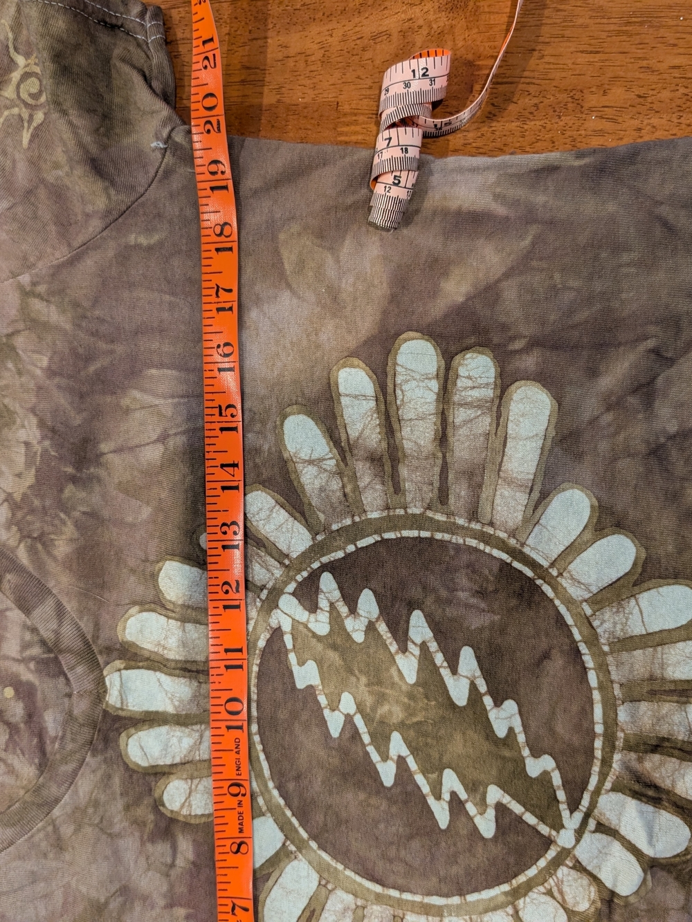 Brown Tie-Dye Grateful Dead Hand Painted Batik V Neck Top - Brown & Cream Small - Picture 7 of 11